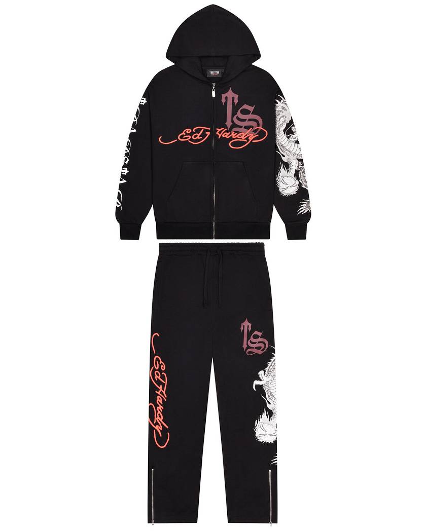 Trapstar x Ed Hardy Script Hoodie Mustat | TS-65364