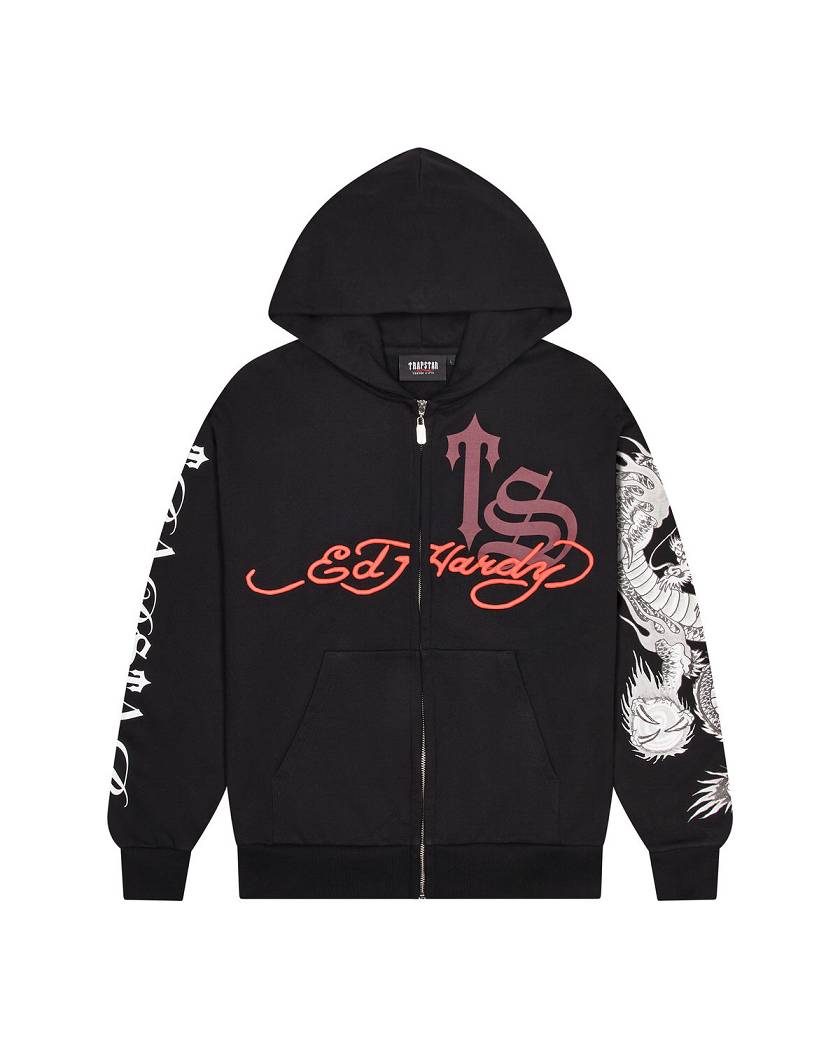 Trapstar x Ed Hardy Script Hoodie Mustat | TS-65364